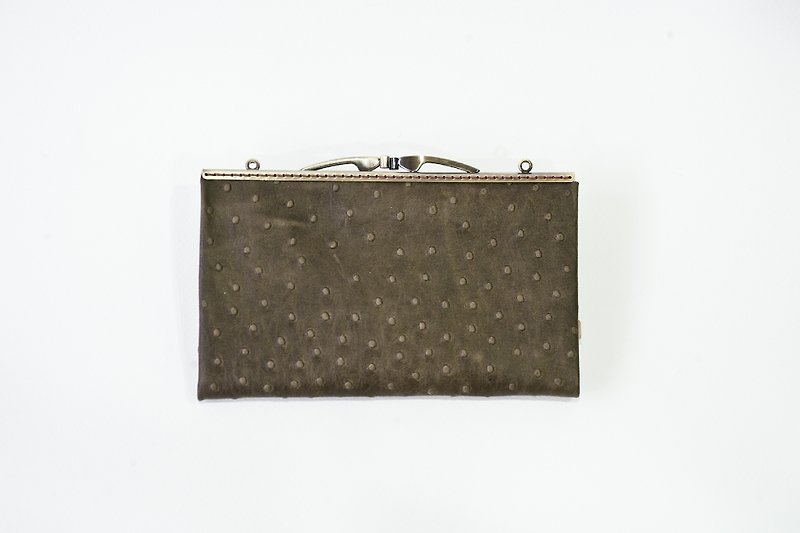 Leather Kisslock Clutch, Phone Wallet, Frame Purse, Smartphone wallet, Long Wallet/Brown cow leather imitation ostrich pattern - กระเป๋าคลัทช์ - หนังแท้ สีนำ้ตาล