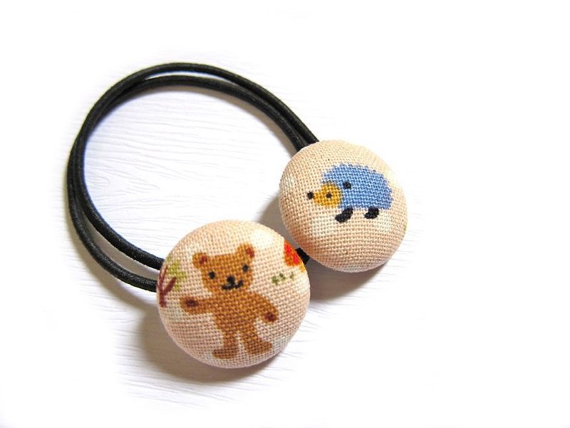Children's hair accessories, hand-made cloth wrapped buttons, hair bands, bears and hedgehogs, elastic bands, hair bands, a set of two - เครื่องประดับผม - วัสดุอื่นๆ สึชมพู