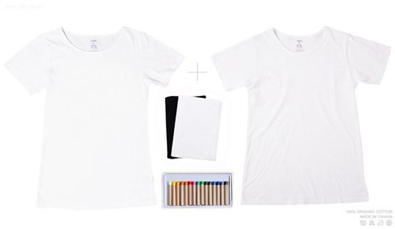 【IAN  - ピュアプラン]必要に応じて2無地のオーガニックコットンT +オーガニックコットン無地のノートブック1 [Jisong塗装布色の15クレヨンの箱] - Tシャツ - コットン・麻 ホワイト