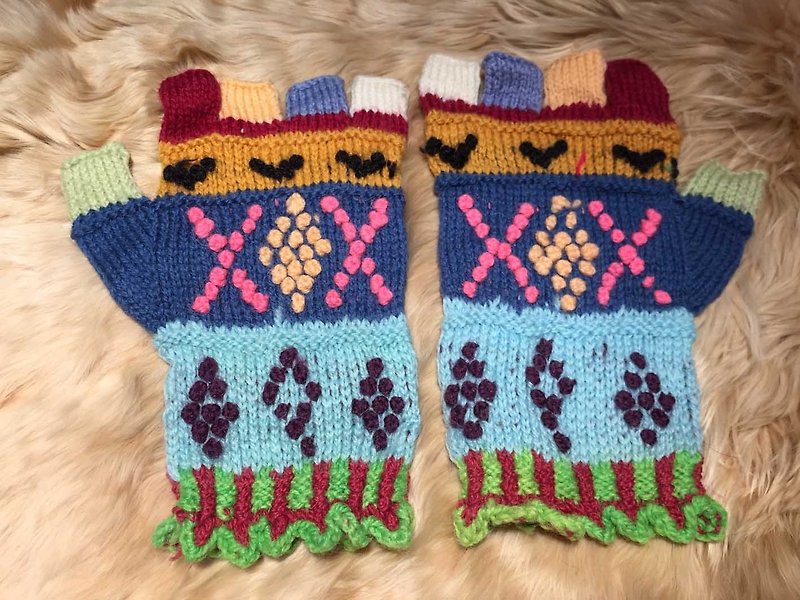"独占"ペルーリャマの毛の色立体織りパターンとハーフフィンガーグローブ - ブルー - 手袋 - その他の素材 多色