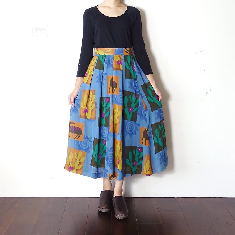 BajuTua / vintage / cactus with flowers blue thin waist chiffon dress - Skirts - Other Materials Blue
