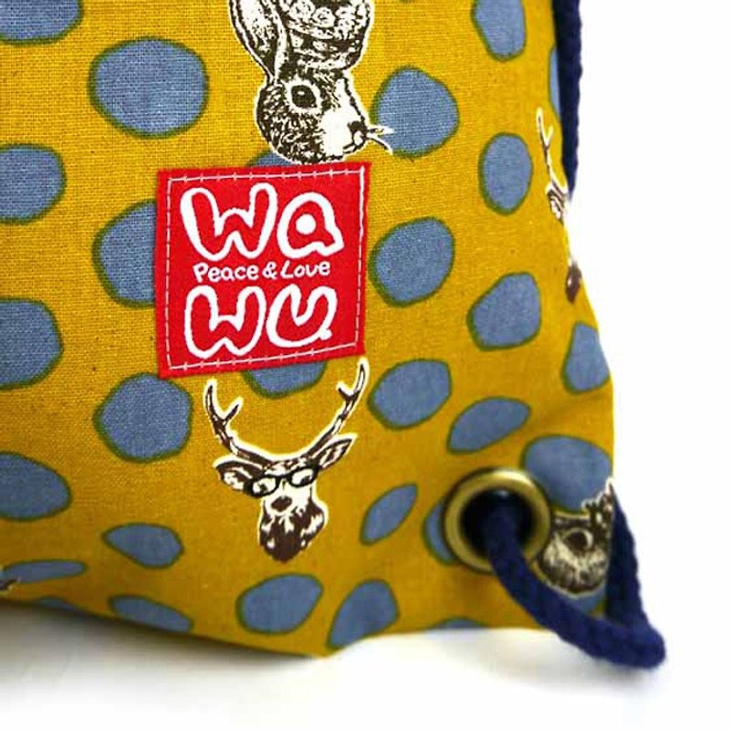 WaWu束口後背包+小收納袋 (兔與鹿/黃金褐)訂製款* - 水桶袋/索繩袋 - 棉．麻 金色