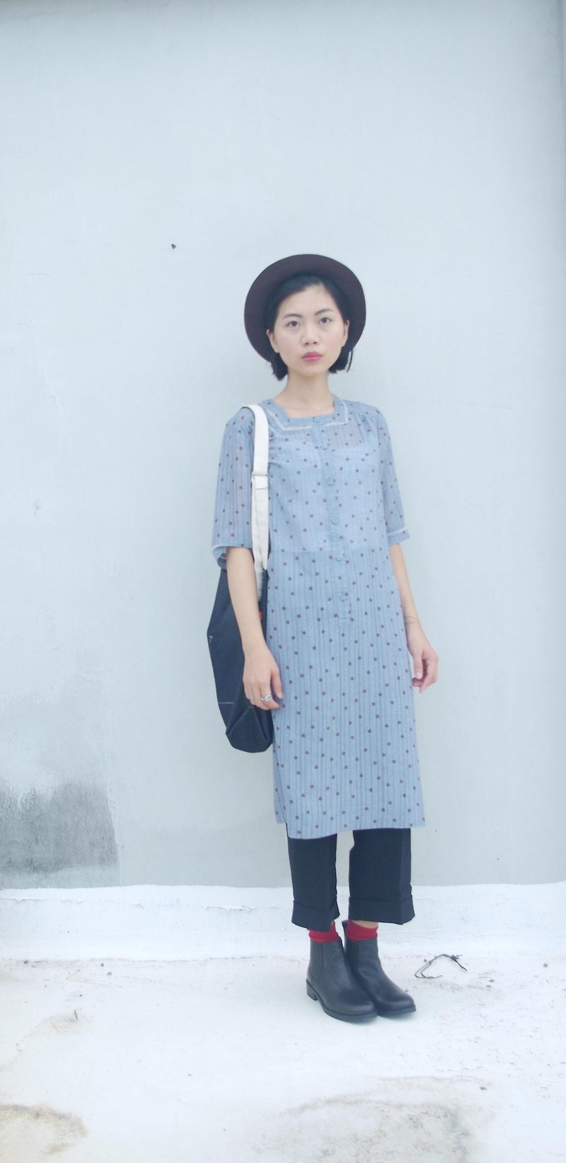 4.5studio- paddy rice to Geocaching Vintage - Japanese printing dot gray-blue short-sleeved dress retro - One Piece Dresses - Other Materials Blue