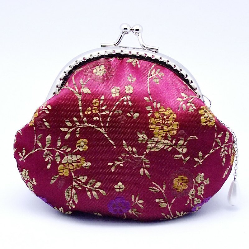 褐紫紅色碎花絲錦緞口金包 零錢包(CS-14) - 零錢包/小錢包 - 絲．絹 紅色