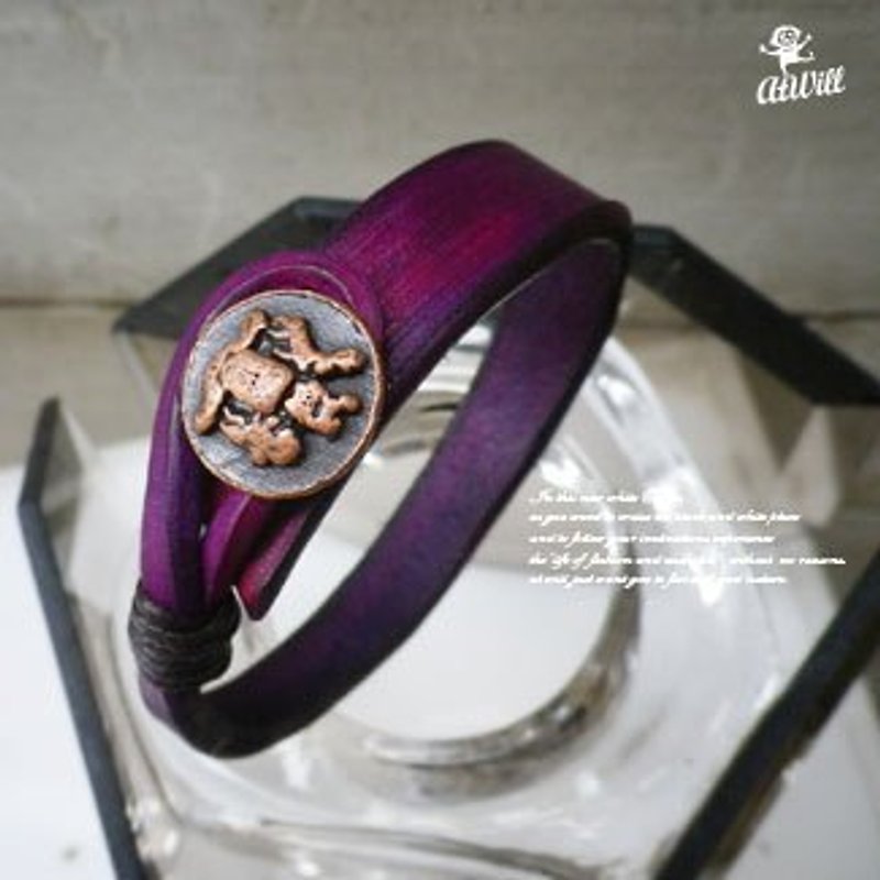 atwill [SHAPE] Handmade original color buckle leather bracelet / deep purple peach x red bronze - Bracelets - Genuine Leather 
