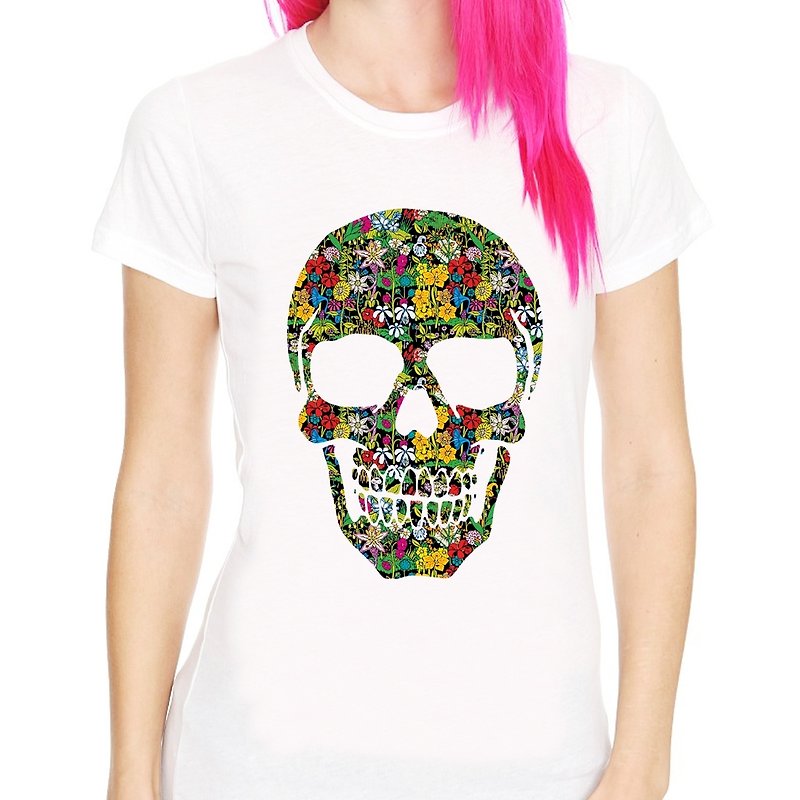 Floral Skull#2女生短袖T恤-白色 花 骷髏 設計 藝術  - 女 T 恤 - 其他材質 白色