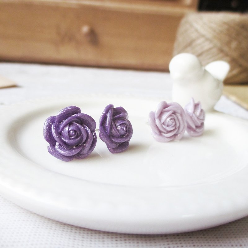 Purple roses are precious and unique. Handmade rose stainless steel ear pin / clip type