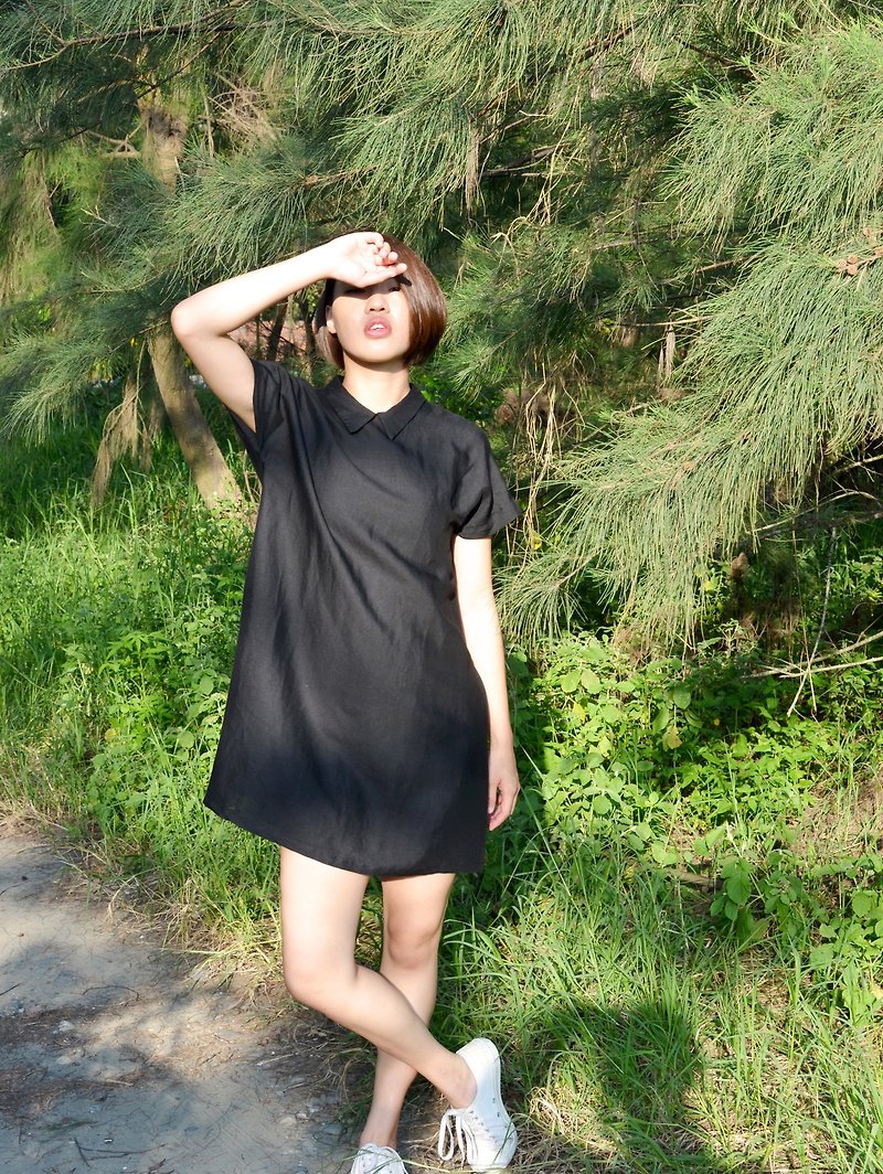 【HIKIDASHI】天絲棉麻法式袖襯衫洋裝 - 洋裝/連身裙 - 棉．麻 多色