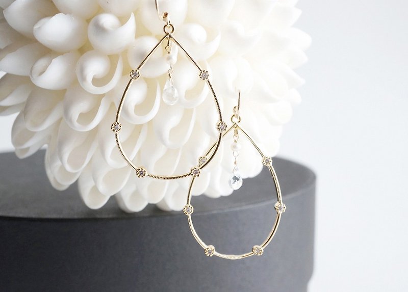 [14KGF] Earrings, Aquamarine, Pearl, CZ Teardorp - Earrings & Clip-ons - Gemstone Gold