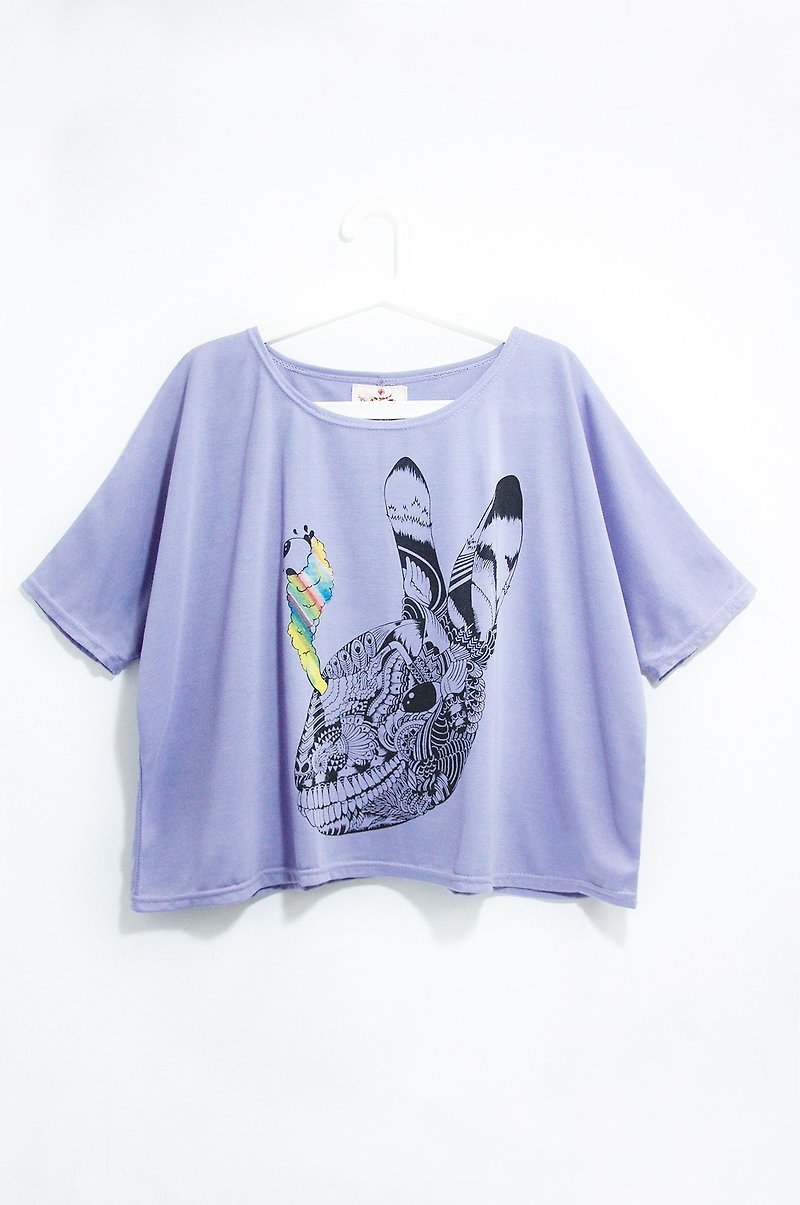 手感夏日寬鬆飄逸感旅行T / 女裝上衣 - 爆炸兔( 藍紫色 ) - T 恤 - 棉．麻 紫色