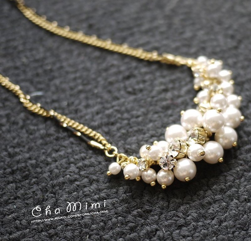 Cha mimi。珍珠愛戀。華麗設計感大珠小珠鑽石雙色鏈/長鏈 - Necklaces - Gemstone White