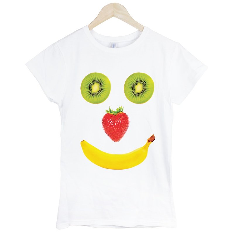 Fruit Smile Girls Short Sleeve T-shirt-White Smile Fruit Banana Kiwi Strawberry Food Design Homemade Brand - Women's T-Shirts - Paper White