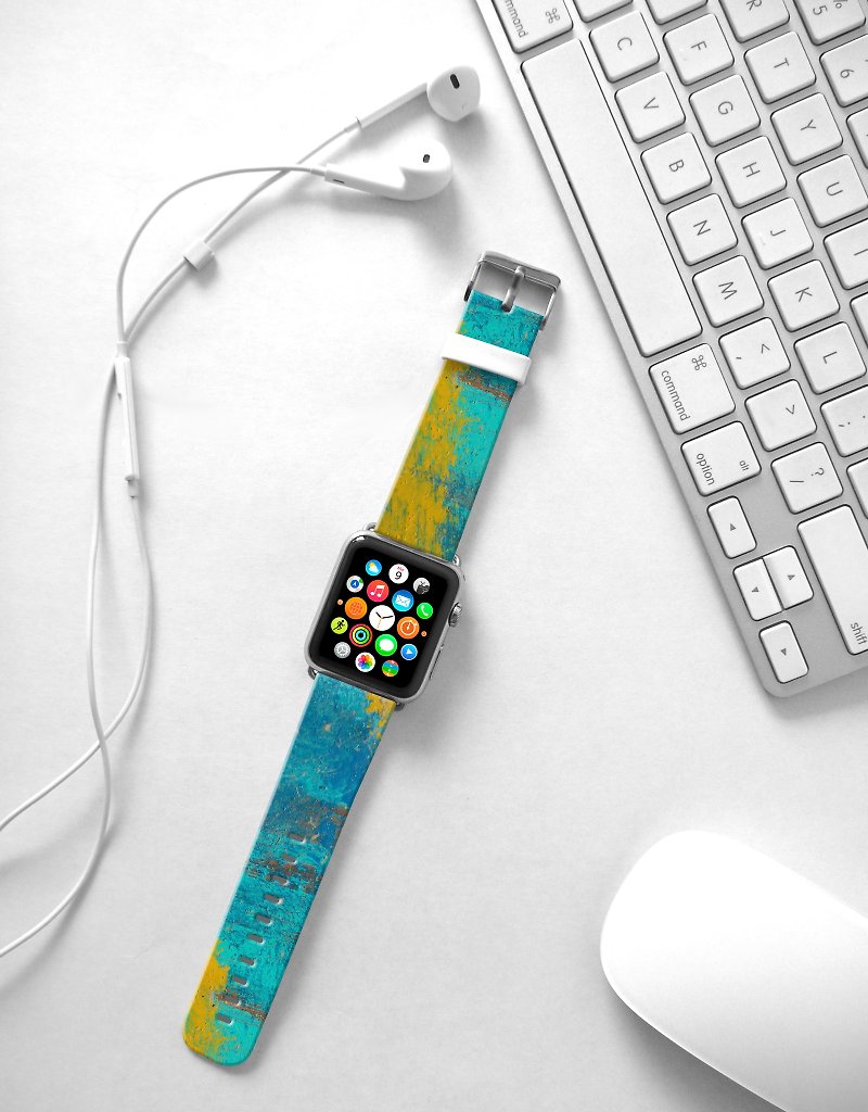 Apple Watch Series 1 , Series 2, Series 3 - Apple Watch 真皮手錶帶，適用於Apple Watch 及 Apple Watch Sport - Freshion 香港原創設計師品牌 - 天藍油彩圖紋 14 - 錶帶 - 真皮 
