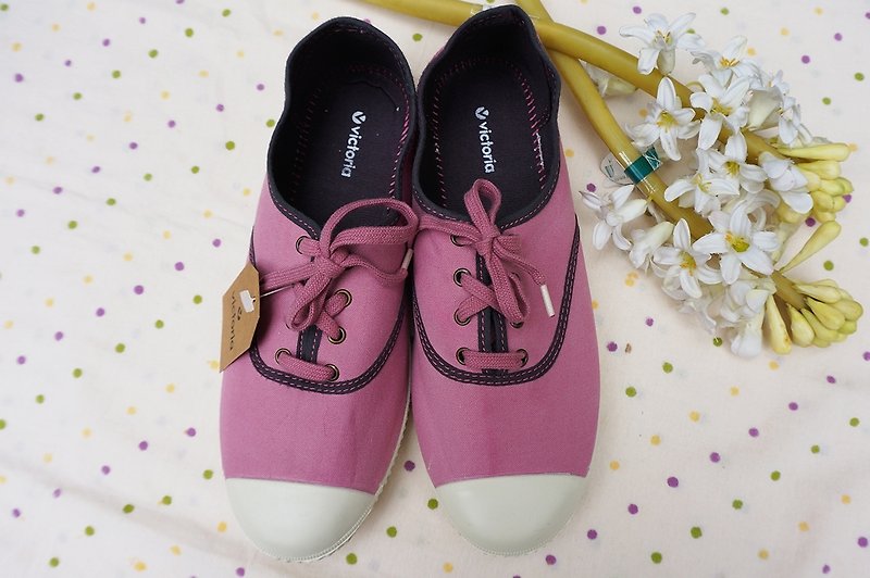 棉．麻 女休閒鞋/帆布鞋 粉紅色 - victoria西班牙國民手工鞋-(鞋帶款)粉紅ROSA(絕版)