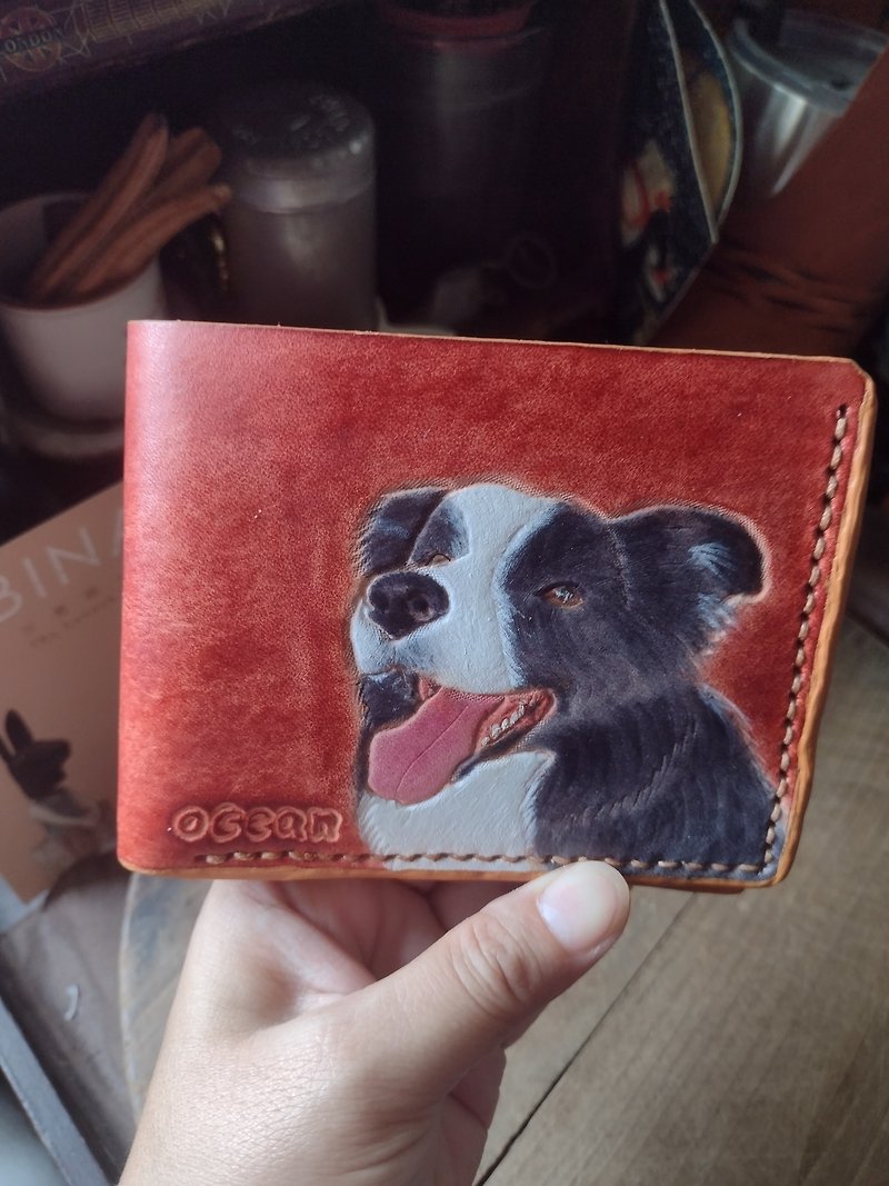 Customized pet dog British brown multi-layer clip pure cowhide medium wallet-birthday gift - Wallets - Genuine Leather Orange