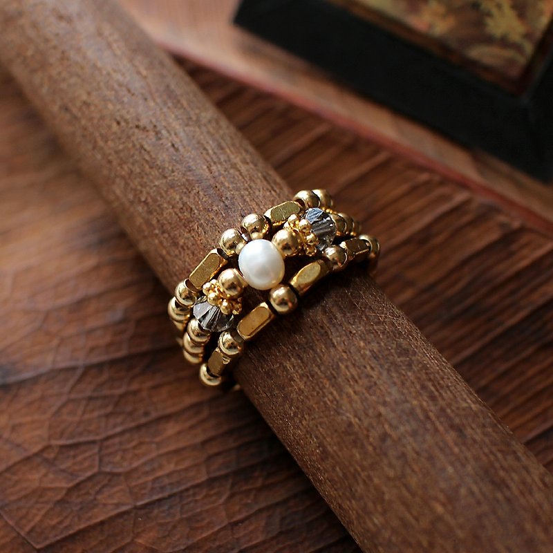 EF黃銅流金歲月NO.145灰色水鑽珍珠戒指套組 - 戒指 - 其他材質 多色