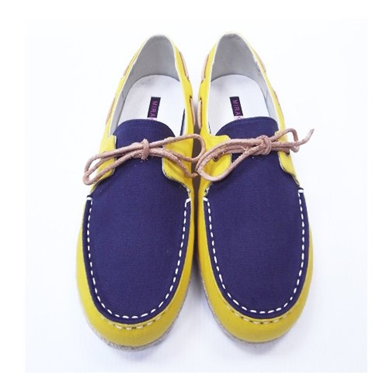 Mirako classic linen weave colorful boat shoes M1106, blue and yellow - รองเท้าลำลองผู้หญิง - วัสดุอื่นๆ สีเหลือง