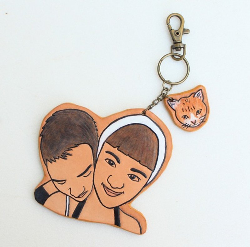 Exclusive Customized Double + cat Q version of the original skin color illustration character portrait pure leather key ring - (customized Valentine, birthday gifts) - พวงกุญแจ - หนังแท้ สีส้ม