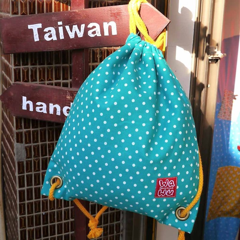 束口後背包+小收納袋 (湖水綠點) - 水桶包/束口袋 - 棉．麻 綠色