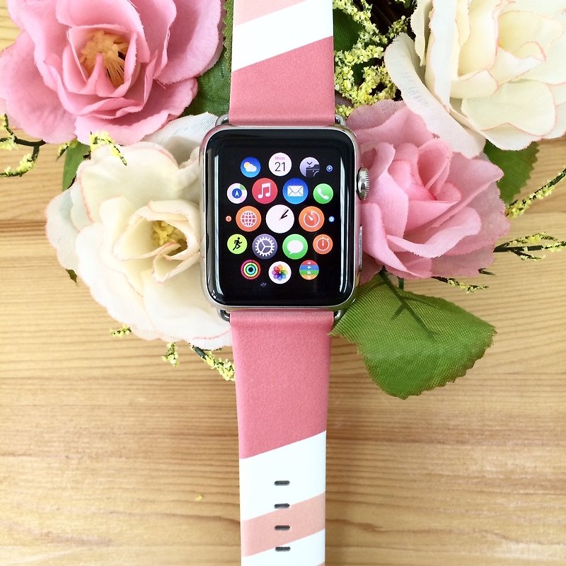 Pink Geometric Printed on Leather watch band for Apple Watch Series 1 - 5 Fitbit - อื่นๆ - หนังแท้ 