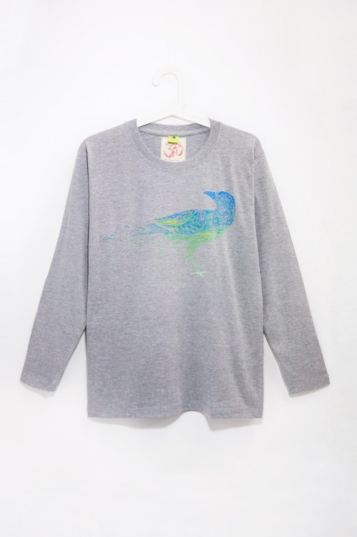 omhandmade 情人節禮物 男版手感長袖上衣 / T-shirt - 微風中的彩色烏鴉 ( 麻花灰S )
