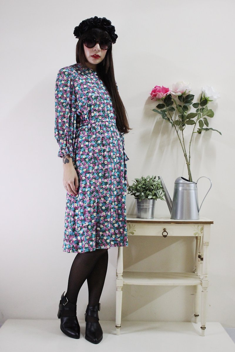 F1579 (Vintage) green and purple flowers vintage dress - One Piece Dresses - Other Materials Green