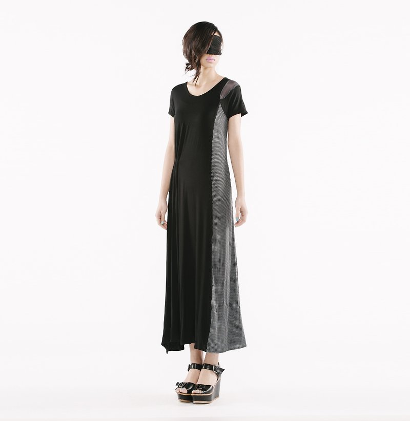 [Dress] Asymmetrical Twist Long Ocean <Black + Dot / Gray Bar + Silver Dot x 2 Colors> - ชุดเดรส - วัสดุอื่นๆ สีดำ