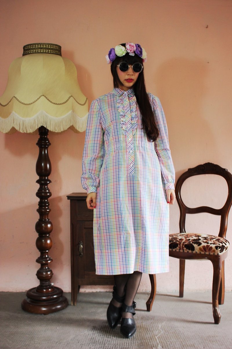 F1181Vintage white color plaid long-sleeved vintage dress (wedding/picnic/party) - One Piece Dresses - Other Materials White