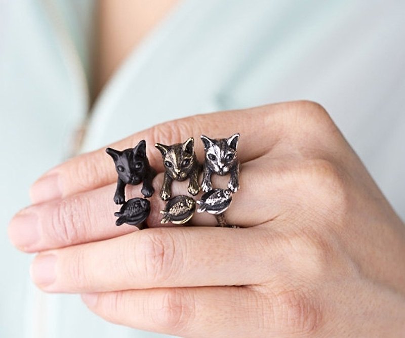 貓抱魚繞圈戒指 - 戒指 - 其他金屬 灰色