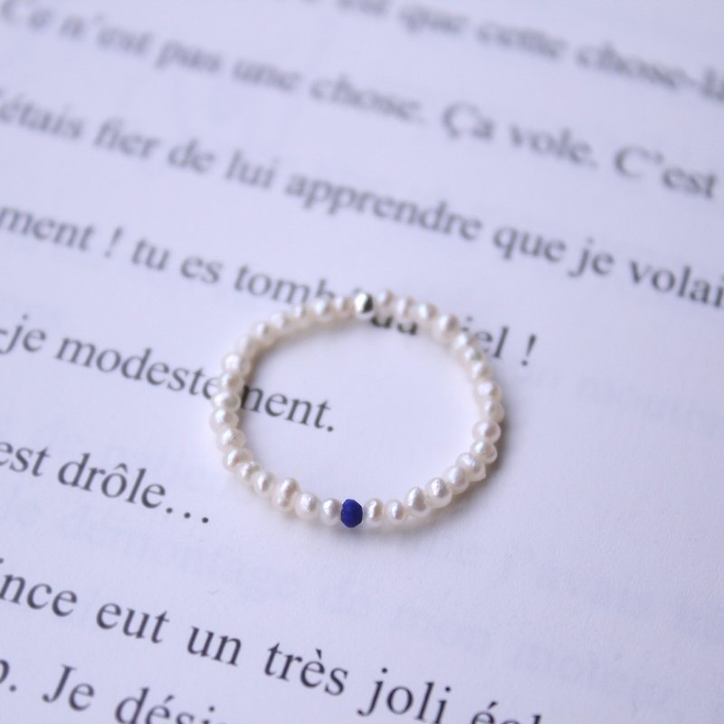 Journal(字母P- Pearl細緻軟戒指)-純銀手作、青金石、天然珍珠 - 戒指 - 寶石 藍色