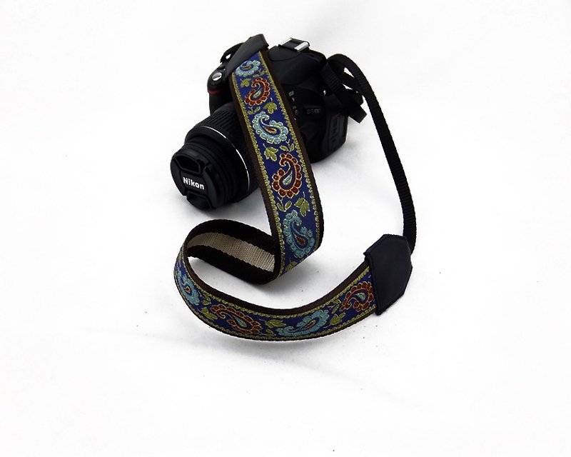 相機背帶 個性客製 可印字 真皮拼接 刺繡花紋  民族風008 - 相機背帶 - 真皮 藍色