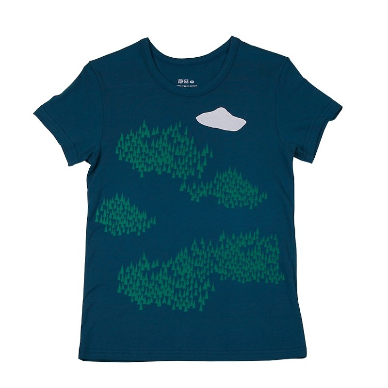 蘑菇mogu / T恤 / 山與森林 / 海藍 - เสื้อยืดผู้หญิง - ผ้าฝ้าย/ผ้าลินิน สีน้ำเงิน