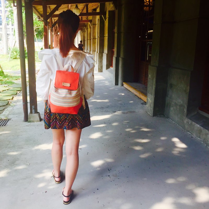 When the ethnic white meets the orange red backpack/free print name leather label - กระเป๋าเป้สะพายหลัง - วัสดุอื่นๆ สีแดง