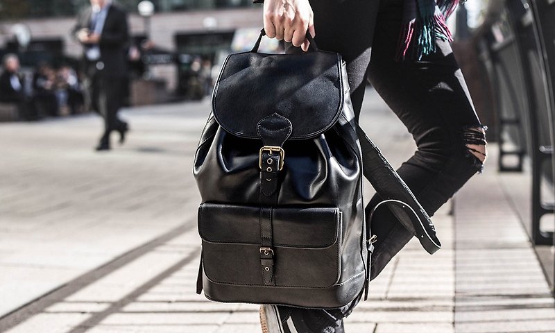 Luigi yuppie buckle handmade leather backpack all black - Backpacks - Genuine Leather Black