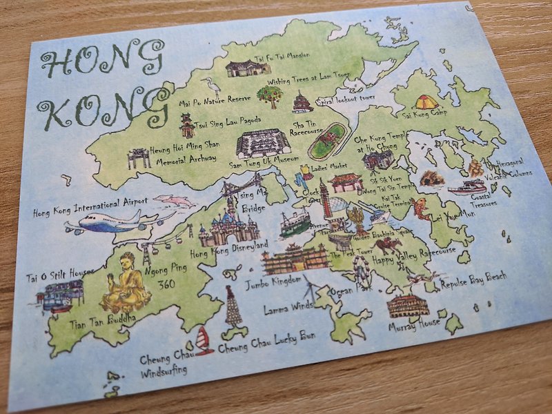 手繪明信片 – 香港地圖 - 心意卡/卡片 - 紙 多色