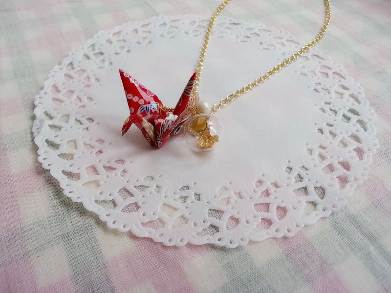 Paper Crane and Glass Ball Necklace red and gold glass balls big cranes Necklace - Necklaces - Paper Red