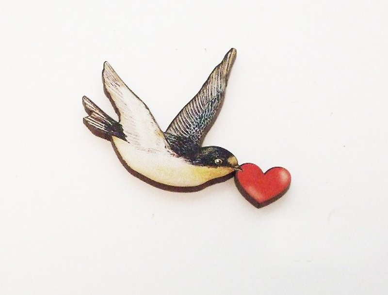 limited heart swallow brooch wooden brooch - Brooches - Wood Brown