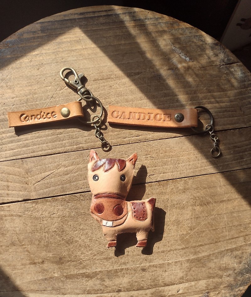 12 Chinese zodiac cute smiling two-tooth horse pure leather key ring-engraved name - Keychains - Genuine Leather Brown
