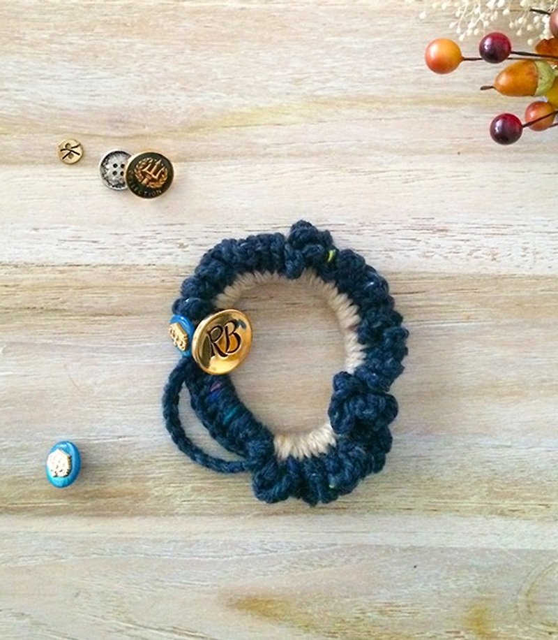 復古RB金釦毛線髮圈/手環 - 髮飾 - 其他材質 藍色