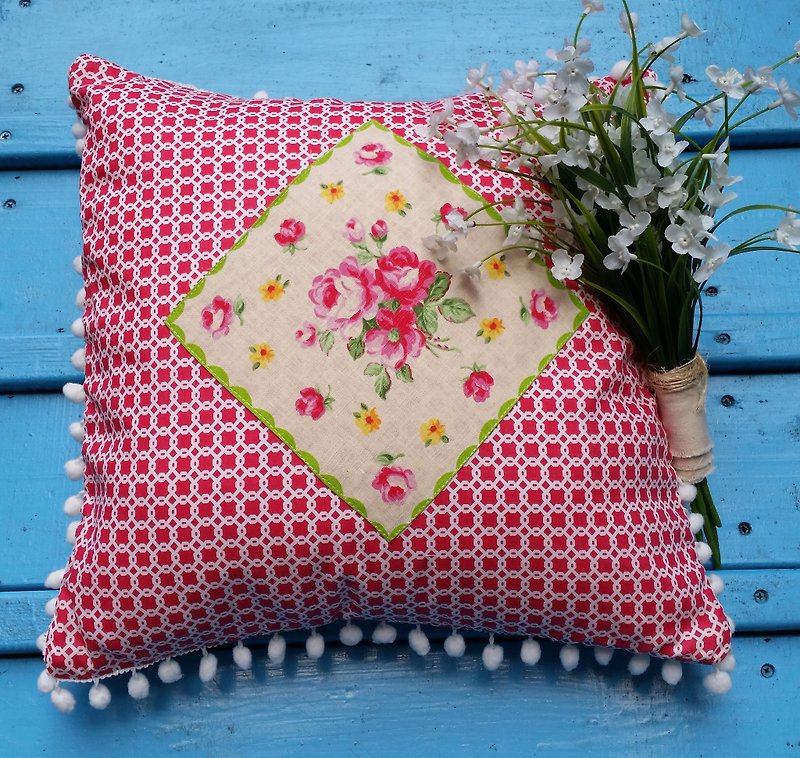 Nordic red geometric pattern with rose flower white small hair ball pillow/throw pillow - หมอน - วัสดุอื่นๆ สีแดง