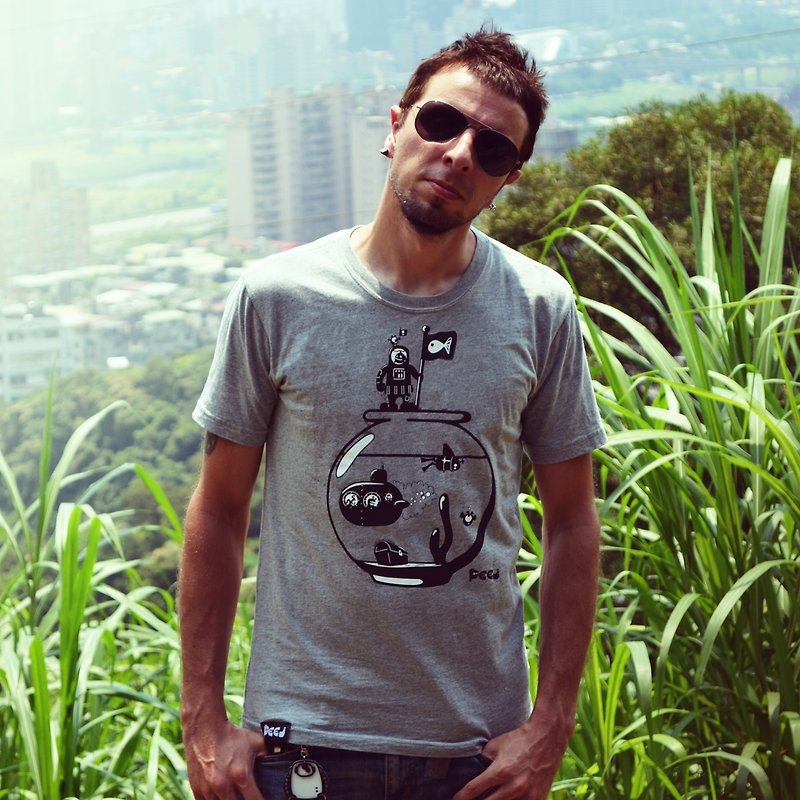 【Peej】'Travelling fish' Combed cotton t-shirt / Grey - Men's T-Shirts & Tops - Cotton & Hemp Gray