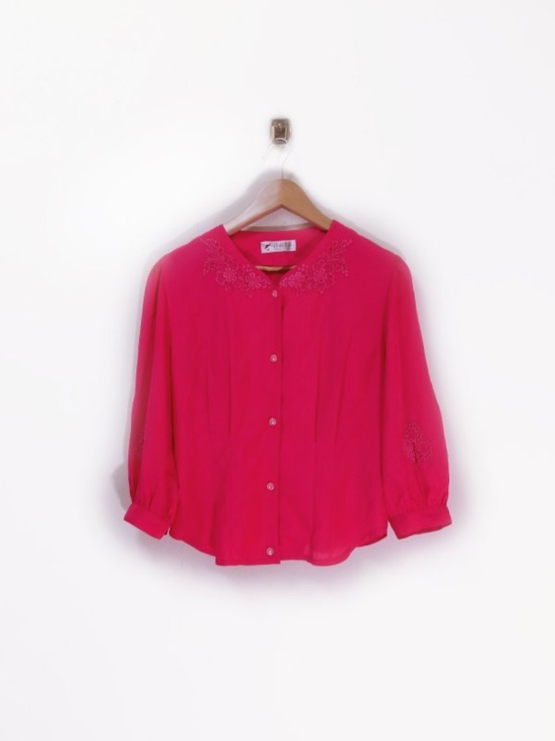 Pink embroidered openwork lace blouse vintage - เสื้อเชิ้ตผู้หญิง - วัสดุอื่นๆ สีแดง