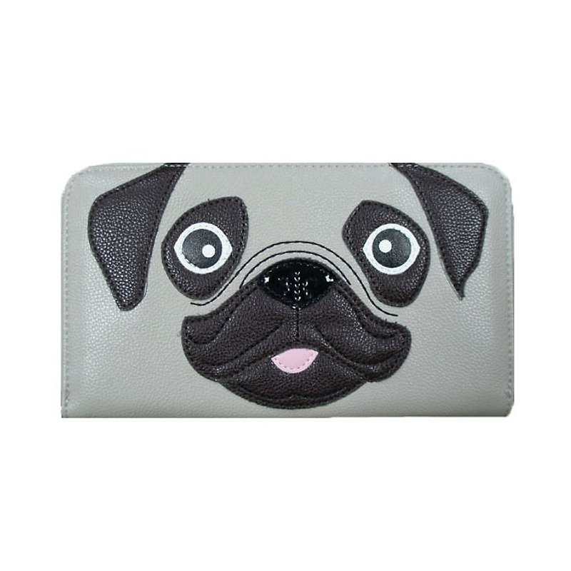 Sleepyville Critters - Cute Little Pug Puppy Zip Around Wallet - Clutch Bags - Faux Leather Gray