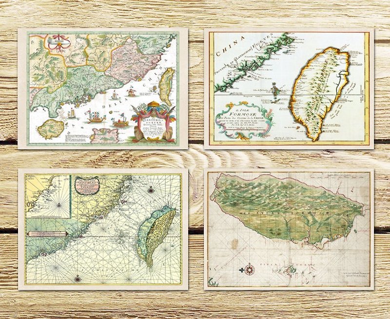 Taiwan old map D postcard - การ์ด/โปสการ์ด - กระดาษ สีทอง