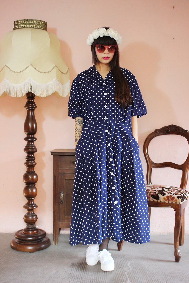 F1151 [American-made bids] (Vintage) dark blue double pocket long version of the little white cotton vintage dress (wedding / picnic / party) - One Piece Dresses - Other Materials Blue