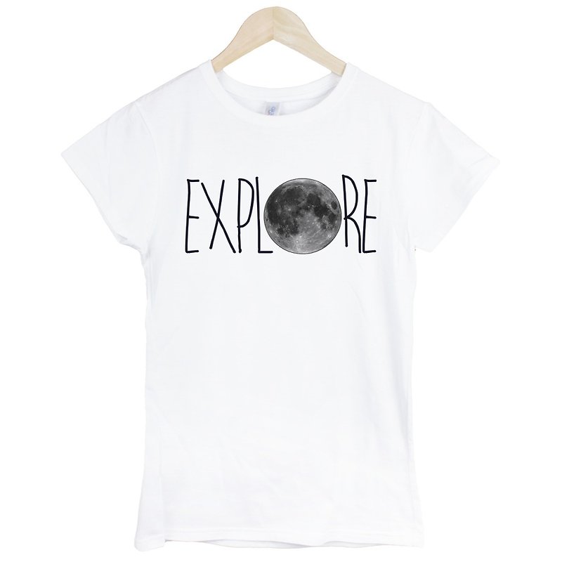 EXPLORE-MOON女生短袖T恤-白色 探險 月亮 宇宙 地圖 旅行 攝影 照片 年輕 生活 文青 設計 自創 品牌 - T 恤 - 棉．麻 白色