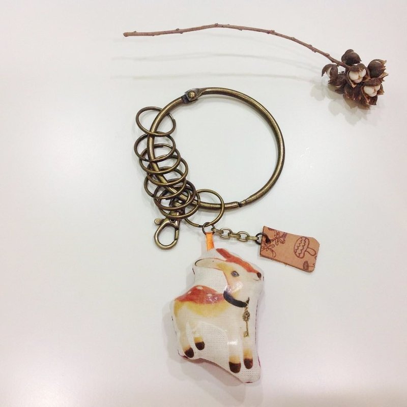 【小鹿守門人】 鑰匙圈+客製姓名小皮革 - 鑰匙圈/鑰匙包 - 棉．麻 咖啡色