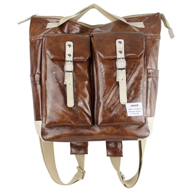 AMINAH-"Free" glossy dark brown back backpack【am-0259】 - กระเป๋าเป้สะพายหลัง - หนังเทียม สีนำ้ตาล