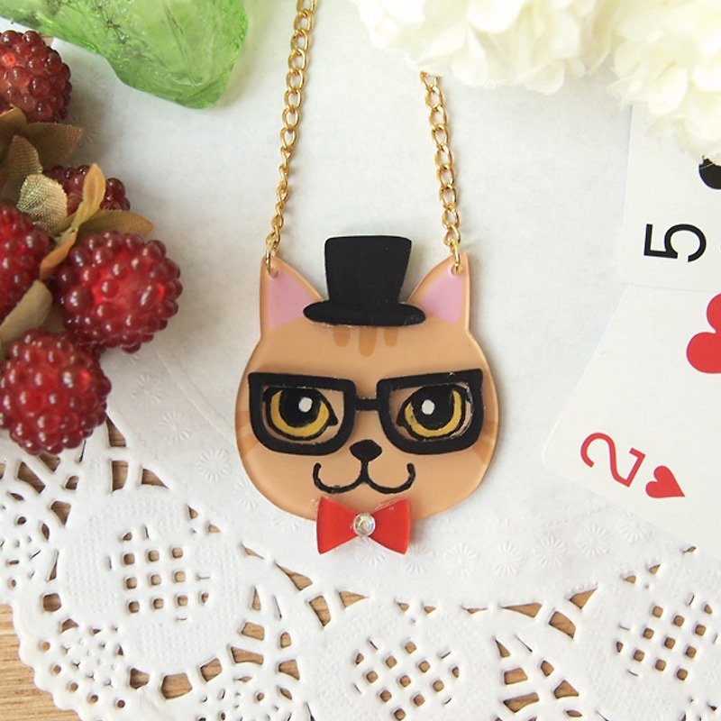 Meow - gentleman style ribbon cat necklace - Necklaces - Plastic Brown