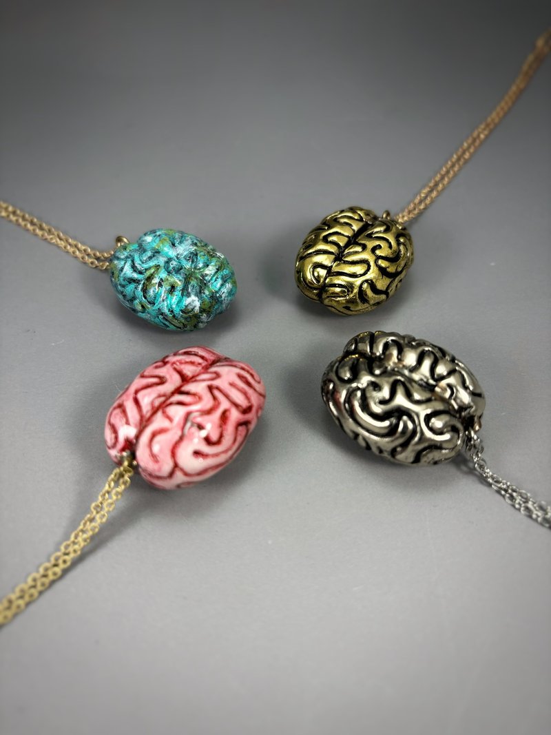 Brain Pendant Necklace. 4 Colourways. Brass, White Bronze, Patina and Enamel. - 項鍊 - 其他金屬 